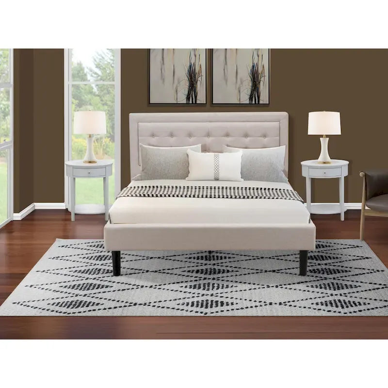 Platform Bed - Upholstered Linen Fabric Headboard with Button Tufted Trim - Black Legs