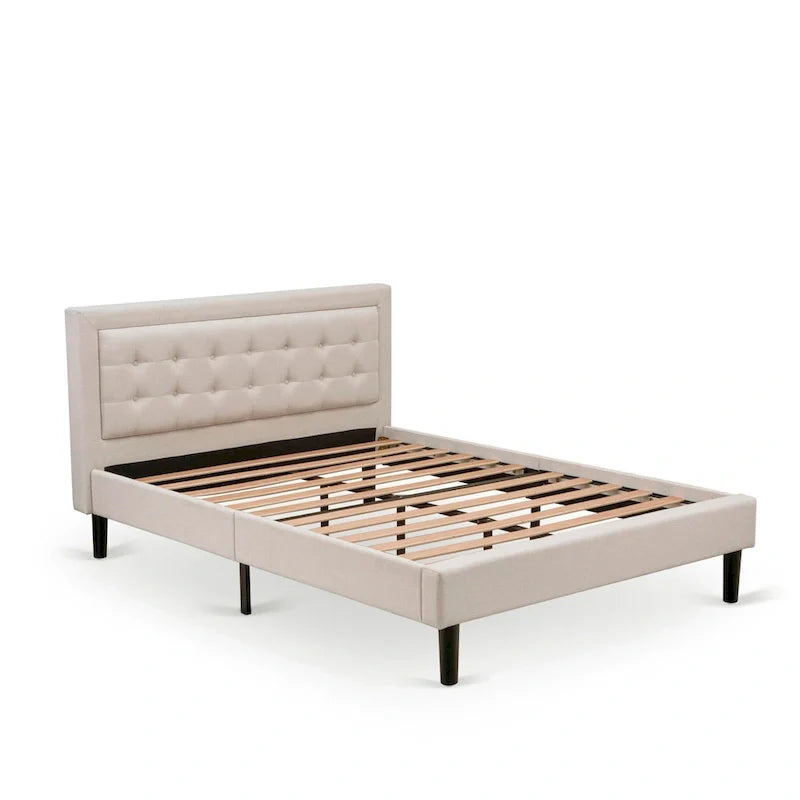 Platform Bed - Upholstered Linen Fabric Headboard with Button Tufted Trim - Black Legs