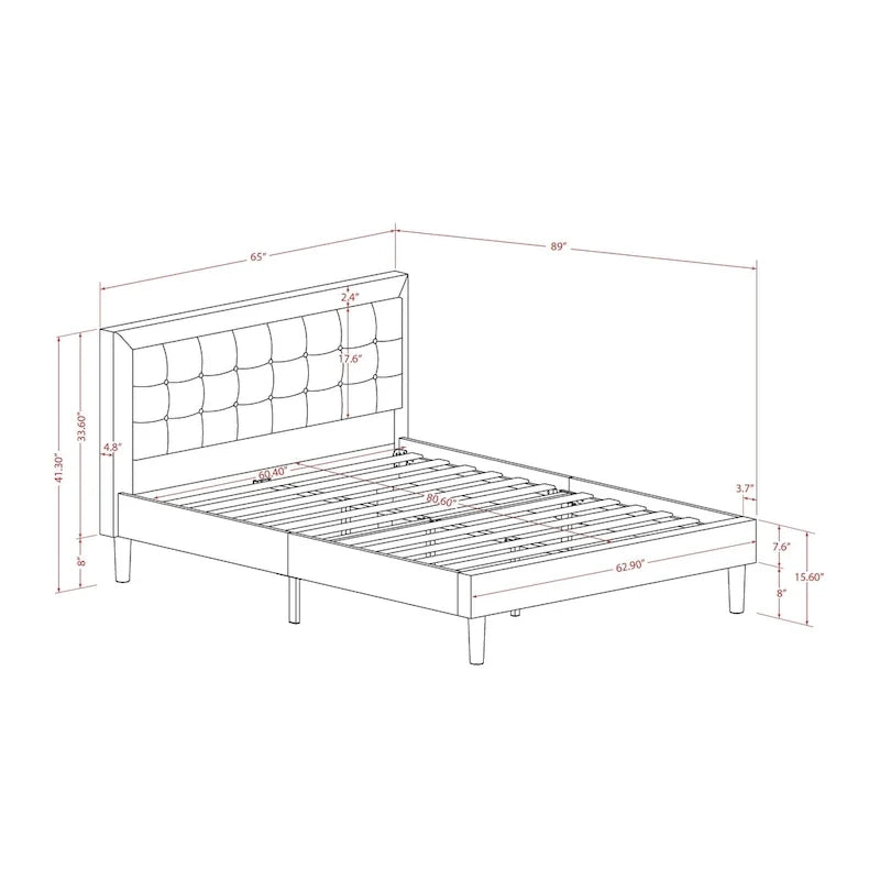 Platform Bed - Upholstered Linen Fabric Headboard with Button Tufted Trim - Black Legs