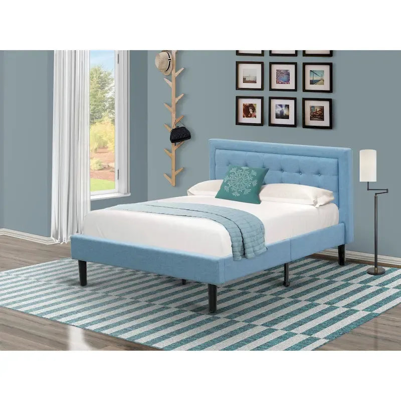 Platform Bed - Upholstered Linen Fabric Headboard with Button Tufted Trim - Black Legs