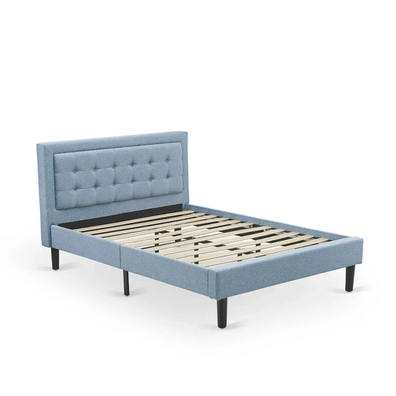 Platform Bed - Upholstered Linen Fabric Headboard with Button Tufted Trim - Black Legs