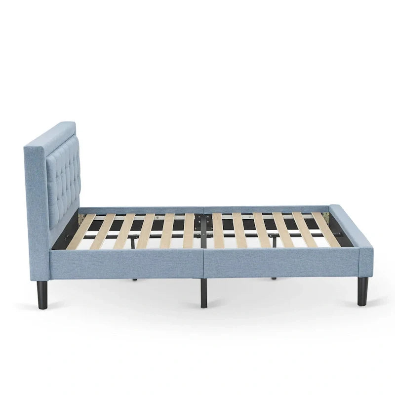 Platform Bed - Upholstered Linen Fabric Headboard with Button Tufted Trim - Black Legs