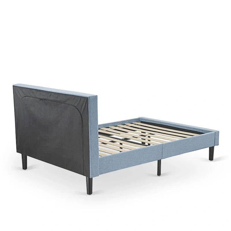 Platform Bed - Upholstered Linen Fabric Headboard with Button Tufted Trim - Black Legs