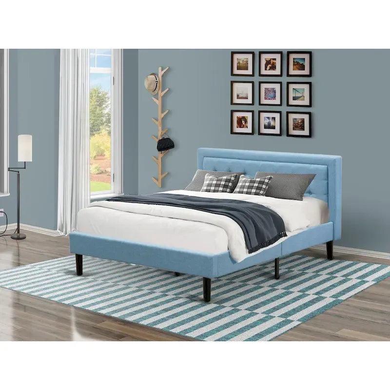 Platform Bed - Upholstered Linen Fabric Headboard with Button Tufted Trim - Black Legs