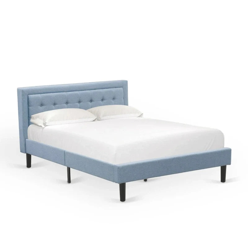 Platform Bed - Upholstered Linen Fabric Headboard with Button Tufted Trim - Black Legs