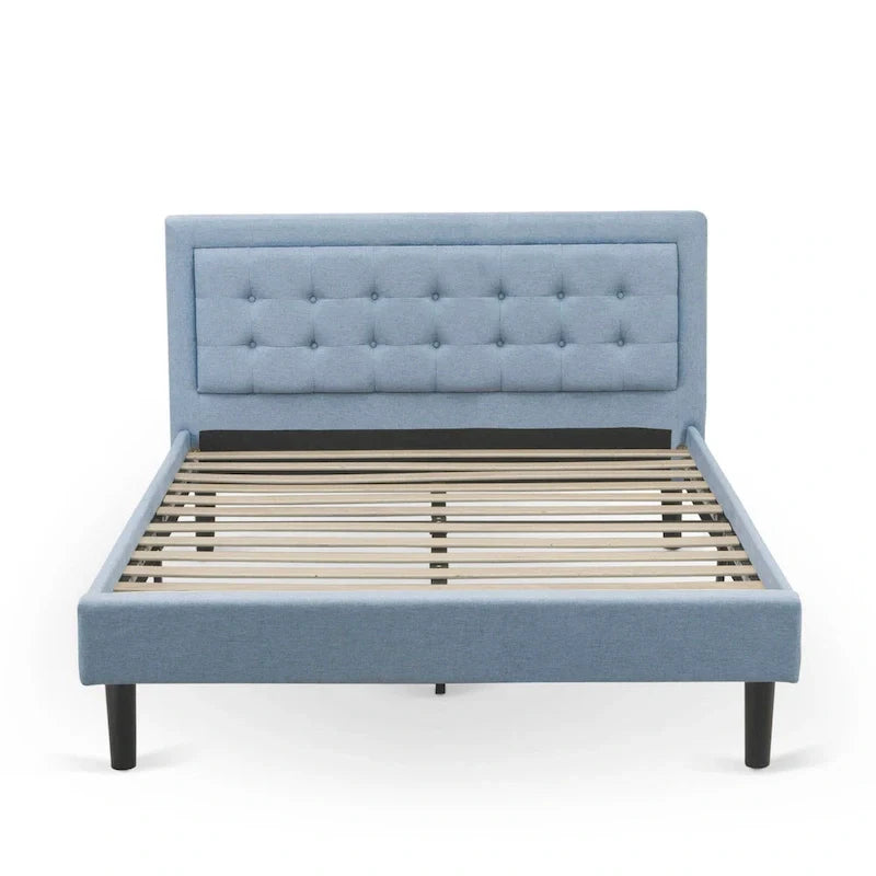 Platform Bed - Upholstered Linen Fabric Headboard with Button Tufted Trim - Black Legs