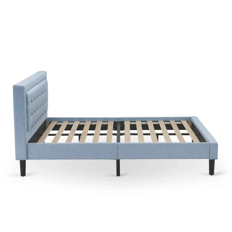 Platform Bed - Upholstered Linen Fabric Headboard with Button Tufted Trim - Black Legs