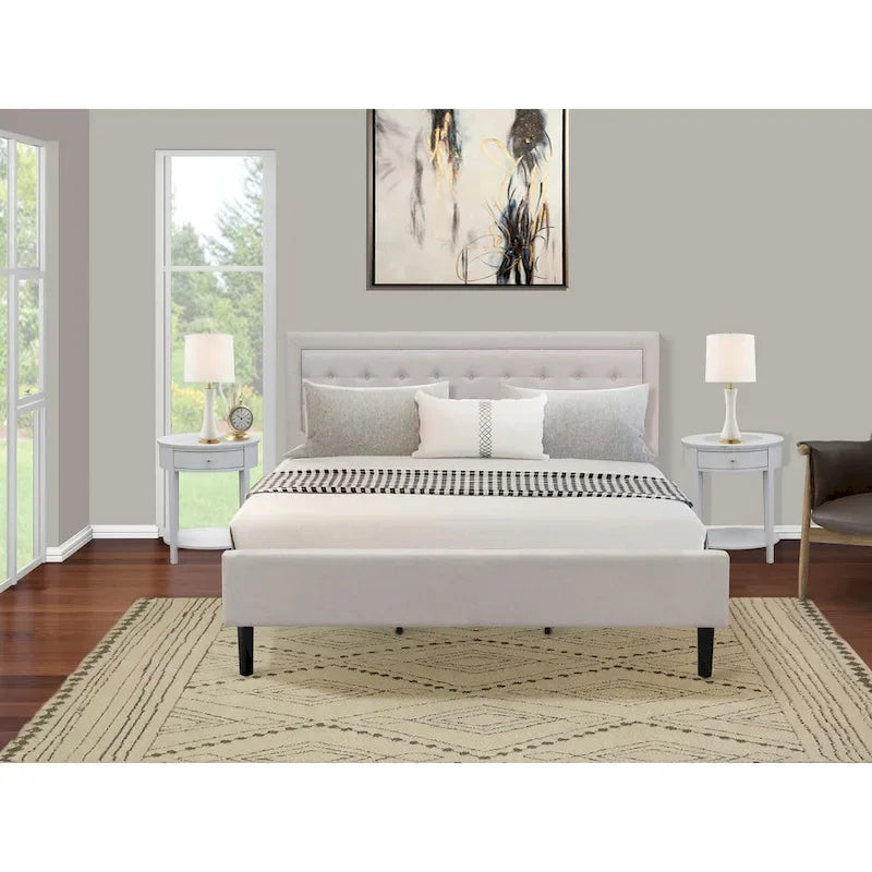 Platform Bed - Upholstered Linen Fabric Headboard with Button Tufted Trim - Black Legs