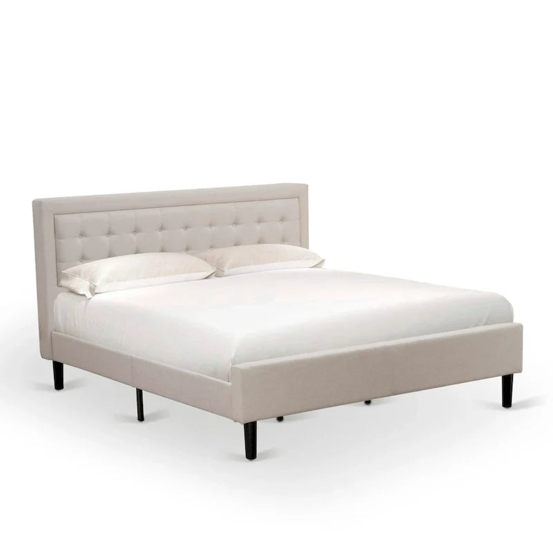 Platform Bed - Upholstered Linen Fabric Headboard with Button Tufted Trim - Black Legs