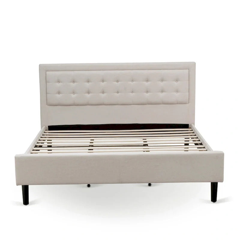 Platform Bed - Upholstered Linen Fabric Headboard with Button Tufted Trim - Black Legs