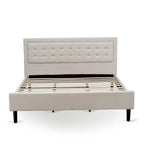 Platform Bed - Upholstered Linen Fabric Headboard with Button Tufted Trim - Black Legs