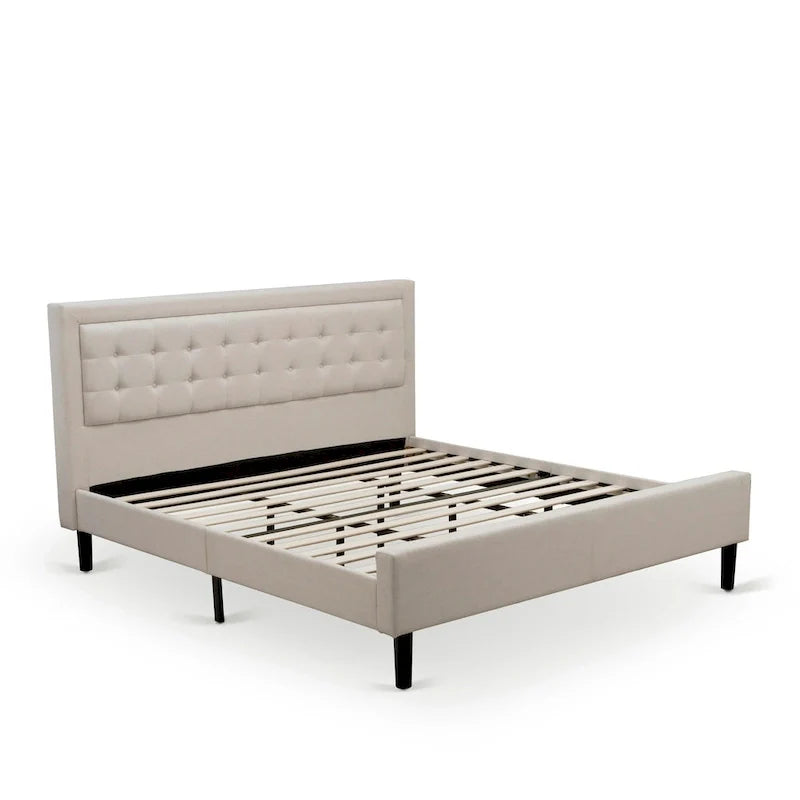 Platform Bed - Upholstered Linen Fabric Headboard with Button Tufted Trim - Black Legs