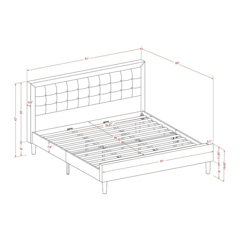 Platform Bed - Upholstered Linen Fabric Headboard with Button Tufted Trim - Black Legs