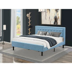 Platform Bed - Upholstered Linen Fabric Headboard with Button Tufted Trim - Black Legs