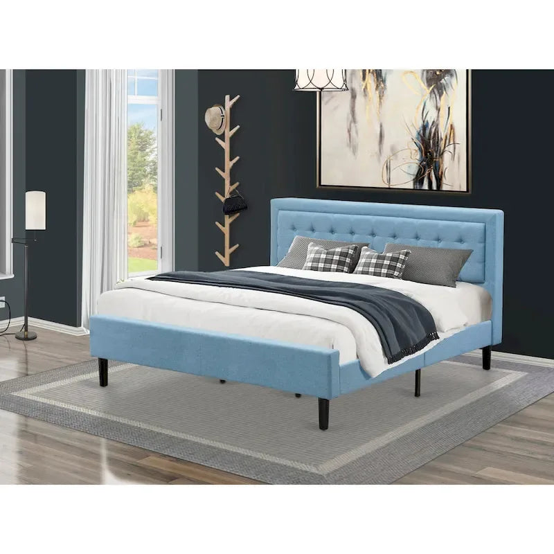 Platform Bed - Upholstered Linen Fabric Headboard with Button Tufted Trim - Black Legs