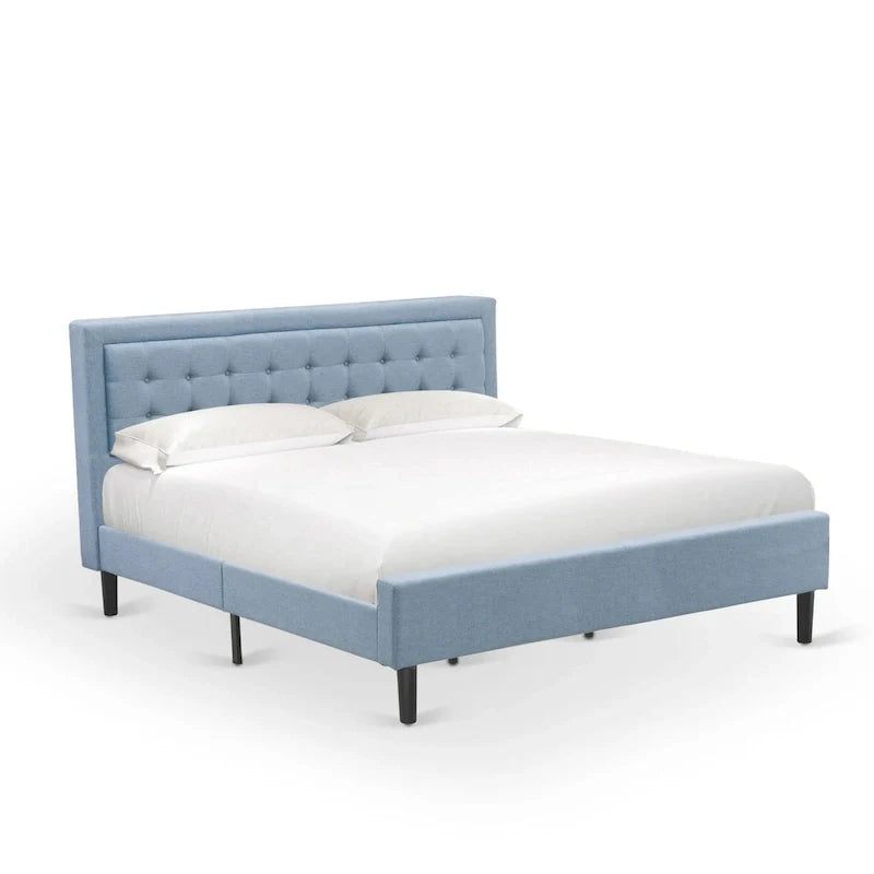 Platform Bed - Upholstered Linen Fabric Headboard with Button Tufted Trim - Black Legs