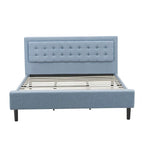 Platform Bed - Upholstered Linen Fabric Headboard with Button Tufted Trim - Black Legs