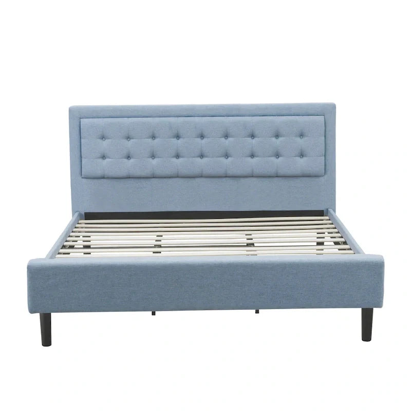 Platform Bed - Upholstered Linen Fabric Headboard with Button Tufted Trim - Black Legs