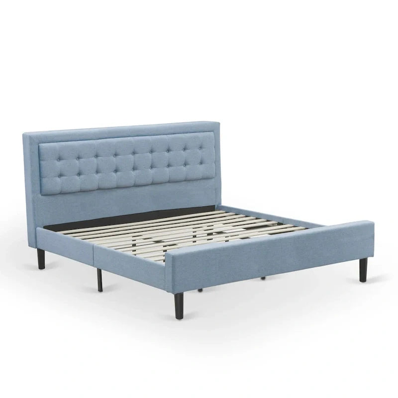 Platform Bed - Upholstered Linen Fabric Headboard with Button Tufted Trim - Black Legs