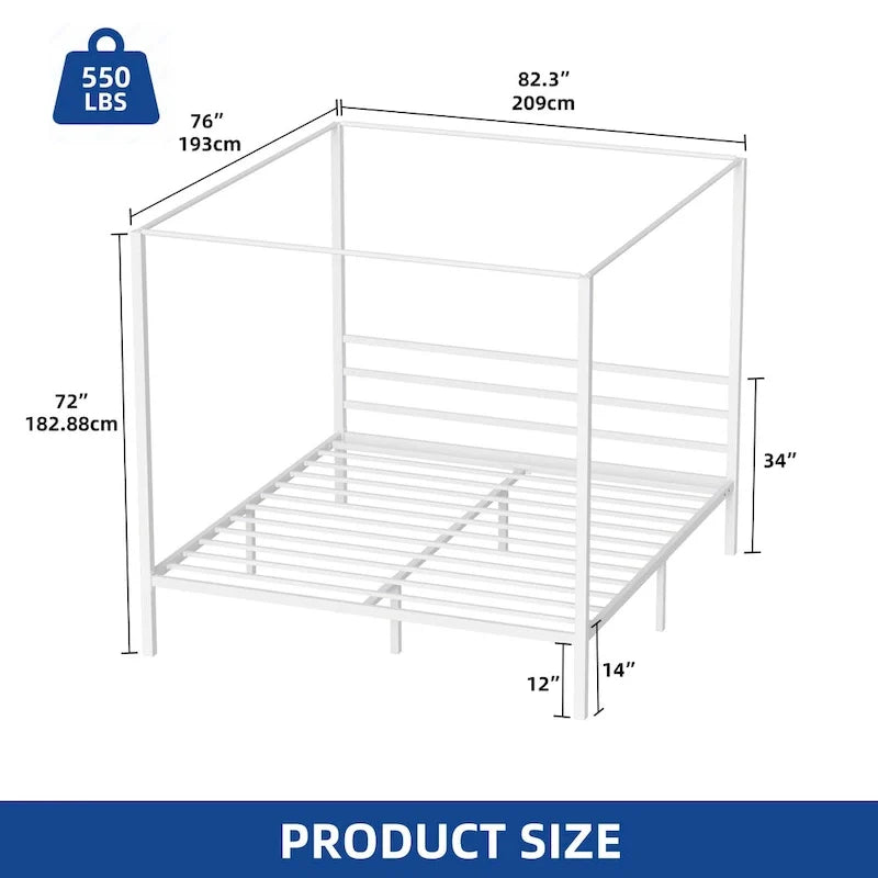 King Size White Metal Canopy Platform Bed Frame
