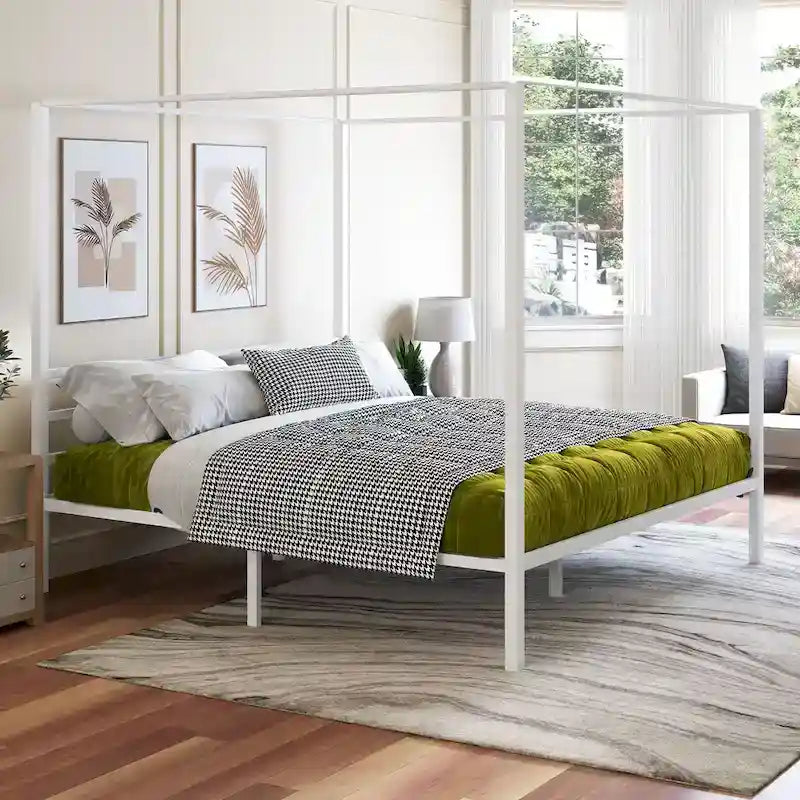 King Size White Metal Canopy Platform Bed Frame