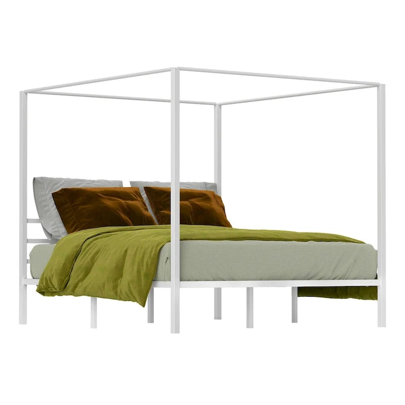 King Size White Metal Canopy Platform Bed Frame
