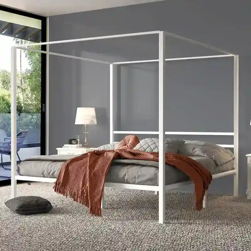 King Size White Metal Canopy Platform Bed Frame
