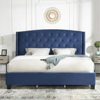 Wingback Tufted Upholstered Bed with Nailhead Trim