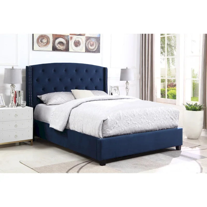 Wingback Tufted Upholstered Bed with Nailhead Trim