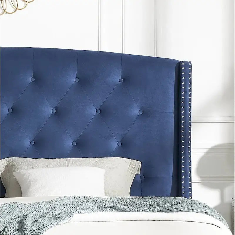 Wingback Tufted Upholstered Bed with Nailhead Trim