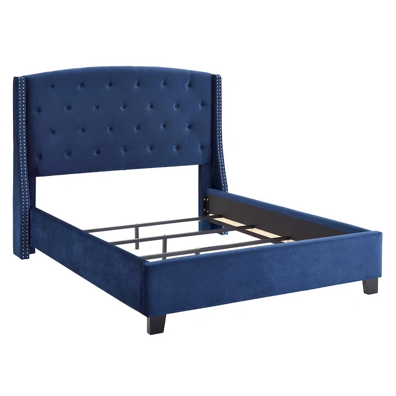 Wingback Tufted Upholstered Bed with Nailhead Trim