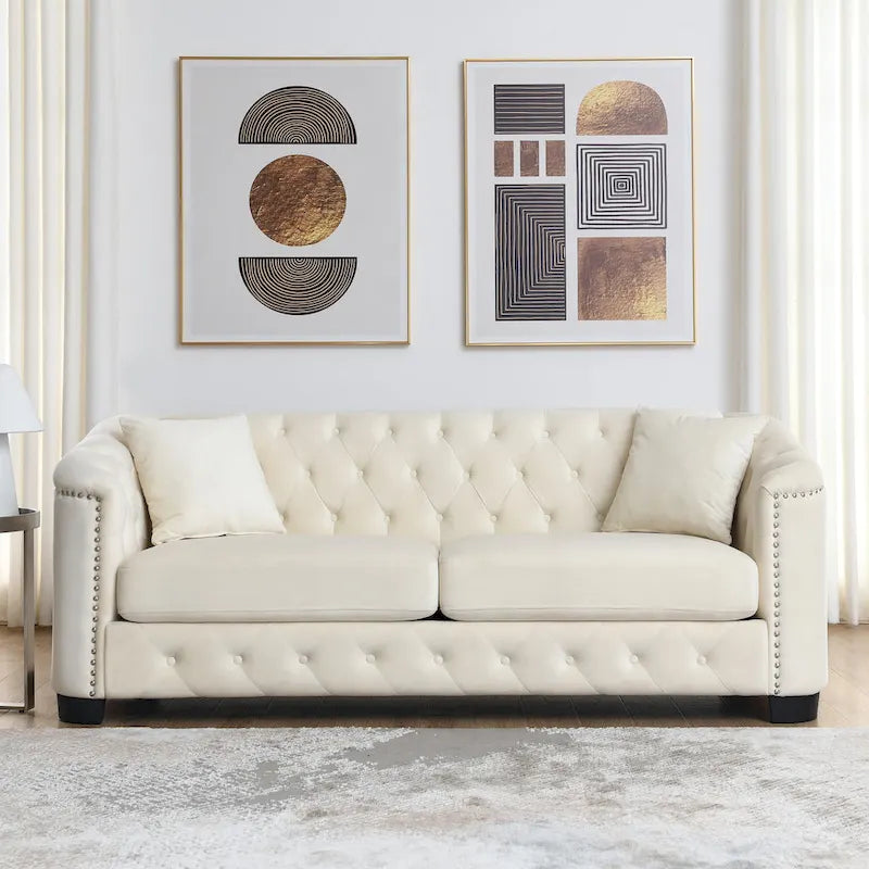 77-Inch Tufted Velvet Sofa, 3-Seater with Nailhead Arms and 2 Cushions