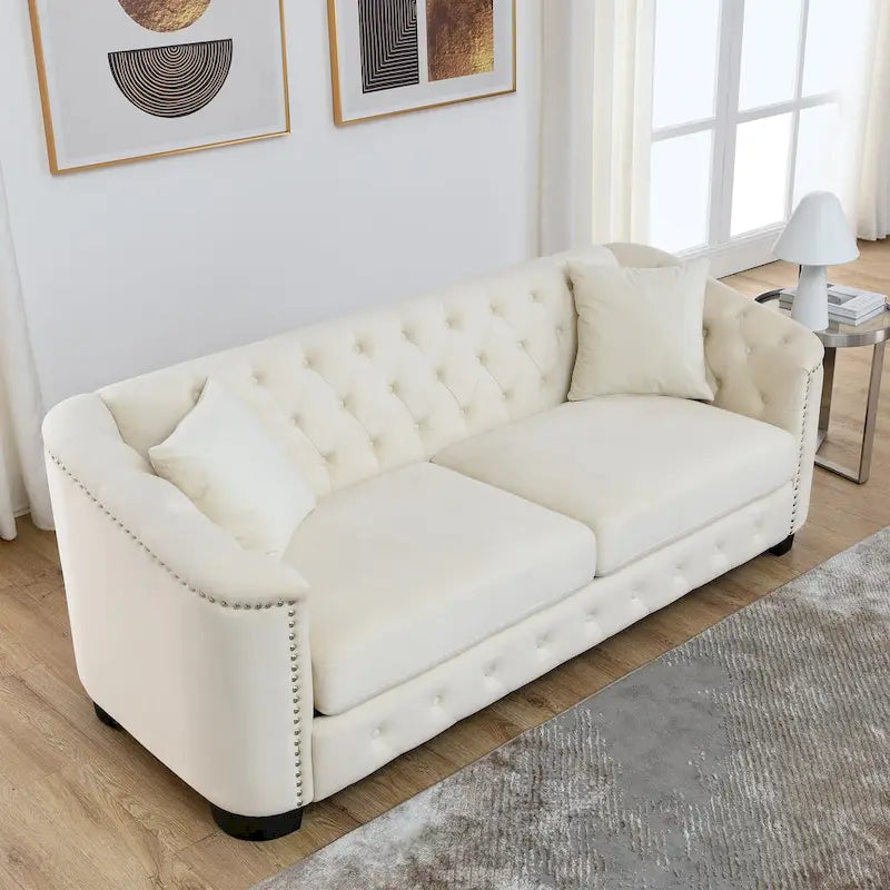 77-Inch Tufted Velvet Sofa, 3-Seater with Nailhead Arms and 2 Cushions