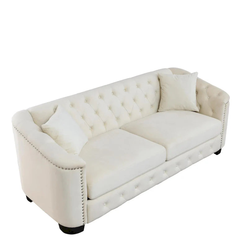 77-Inch Tufted Velvet Sofa, 3-Seater with Nailhead Arms and 2 Cushions