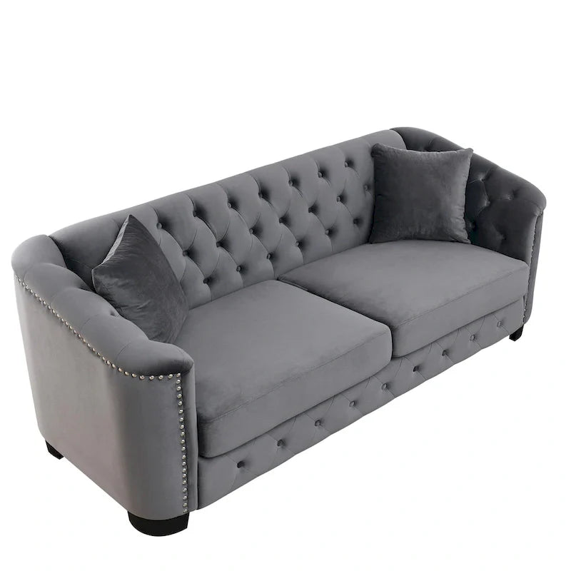 77-Inch Tufted Velvet Sofa, 3-Seater with Nailhead Arms and 2 Cushions