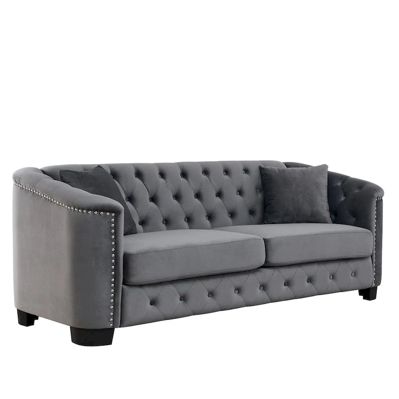 77-Inch Tufted Velvet Sofa, 3-Seater with Nailhead Arms and 2 Cushions