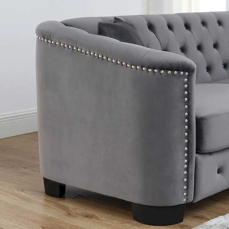 77-Inch Tufted Velvet Sofa, 3-Seater with Nailhead Arms and 2 Cushions