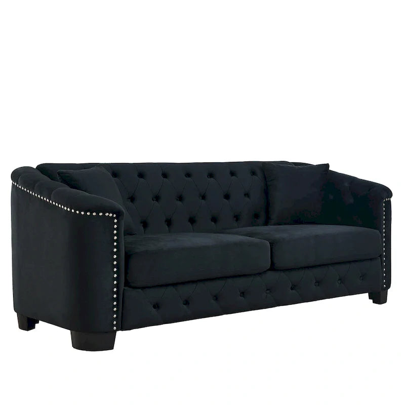 77-Inch Tufted Velvet Sofa, 3-Seater with Nailhead Arms and 2 Cushions