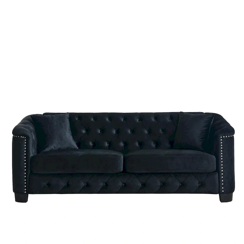 77-Inch Tufted Velvet Sofa, 3-Seater with Nailhead Arms and 2 Cushions