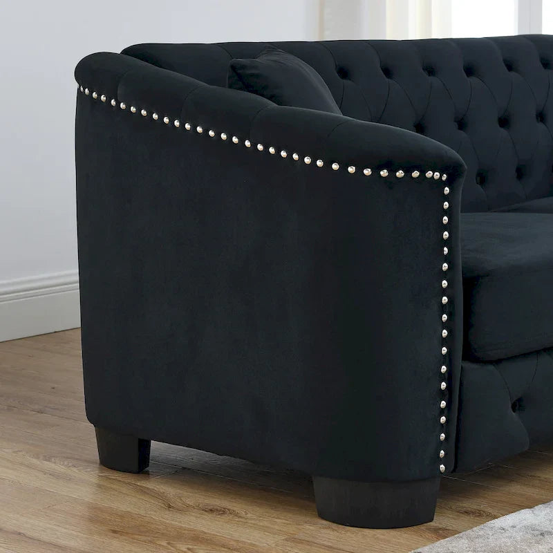 77-Inch Tufted Velvet Sofa, 3-Seater with Nailhead Arms and 2 Cushions