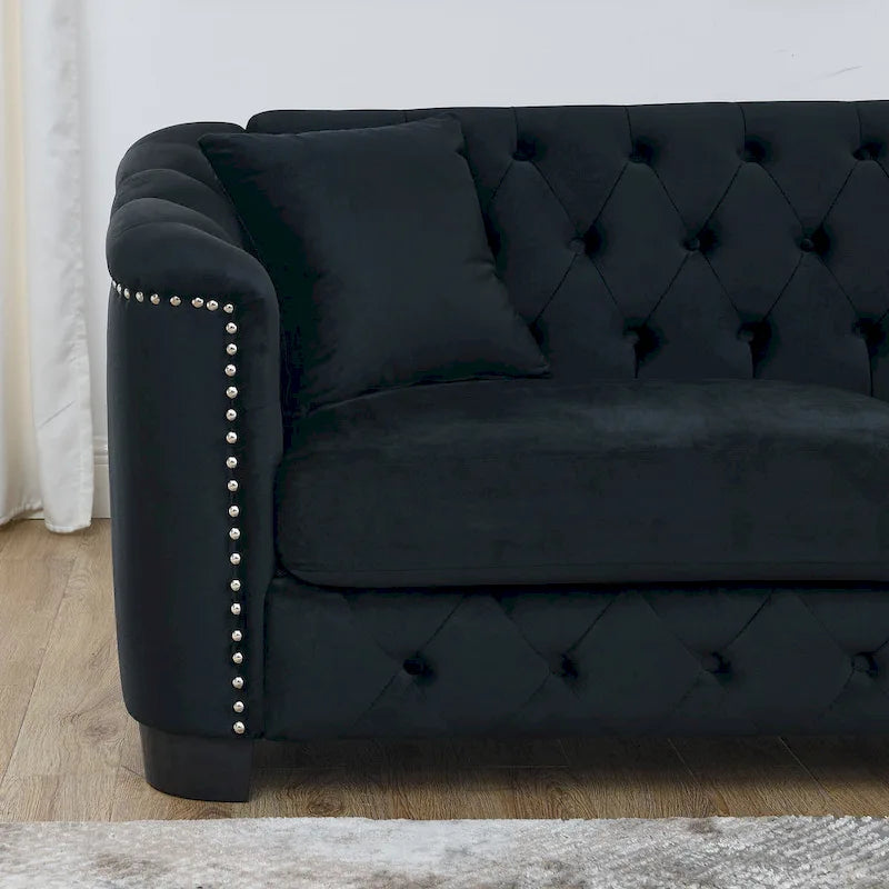 77-Inch Tufted Velvet Sofa, 3-Seater with Nailhead Arms and 2 Cushions