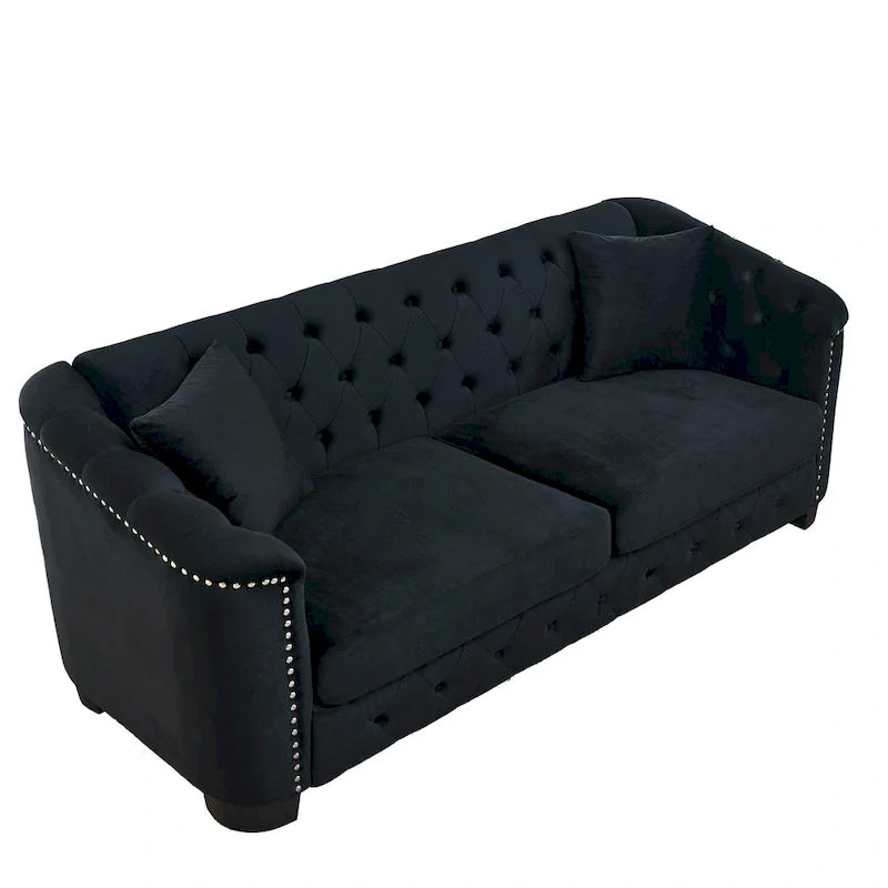 77-Inch Tufted Velvet Sofa, 3-Seater with Nailhead Arms and 2 Cushions