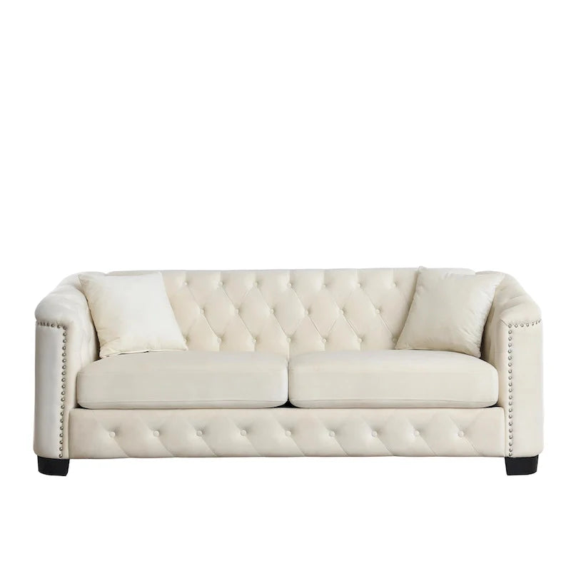 77-Inch Tufted Velvet Sofa, 3-Seater with Nailhead Arms and 2 Cushions