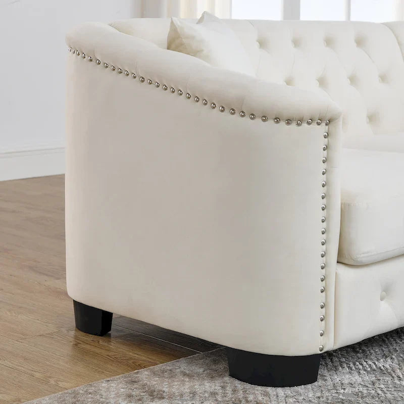 77-Inch Tufted Velvet Sofa, 3-Seater with Nailhead Arms and 2 Cushions