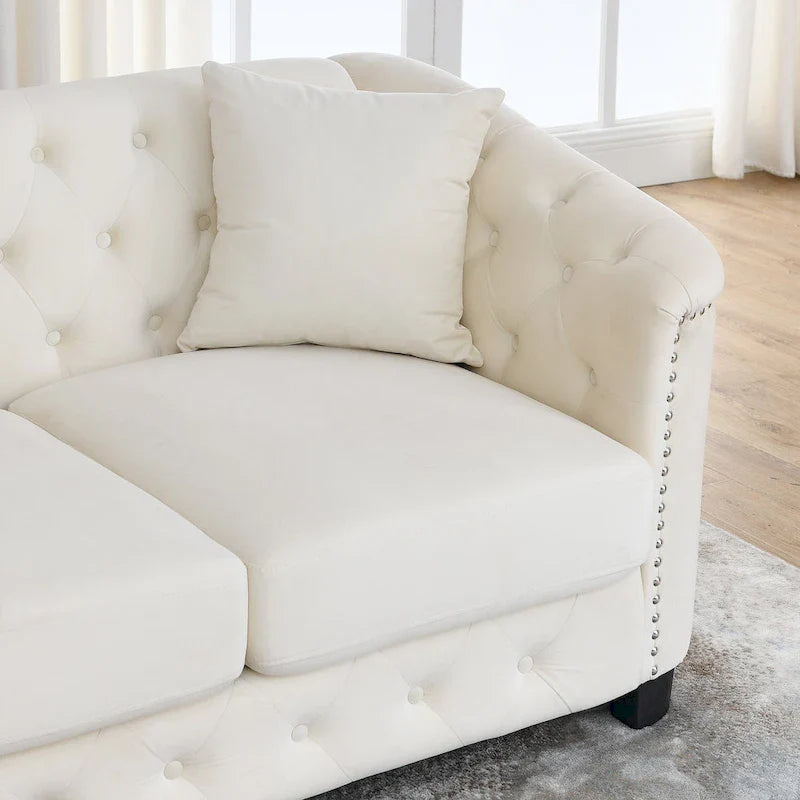 77-Inch Tufted Velvet Sofa, 3-Seater with Nailhead Arms and 2 Cushions
