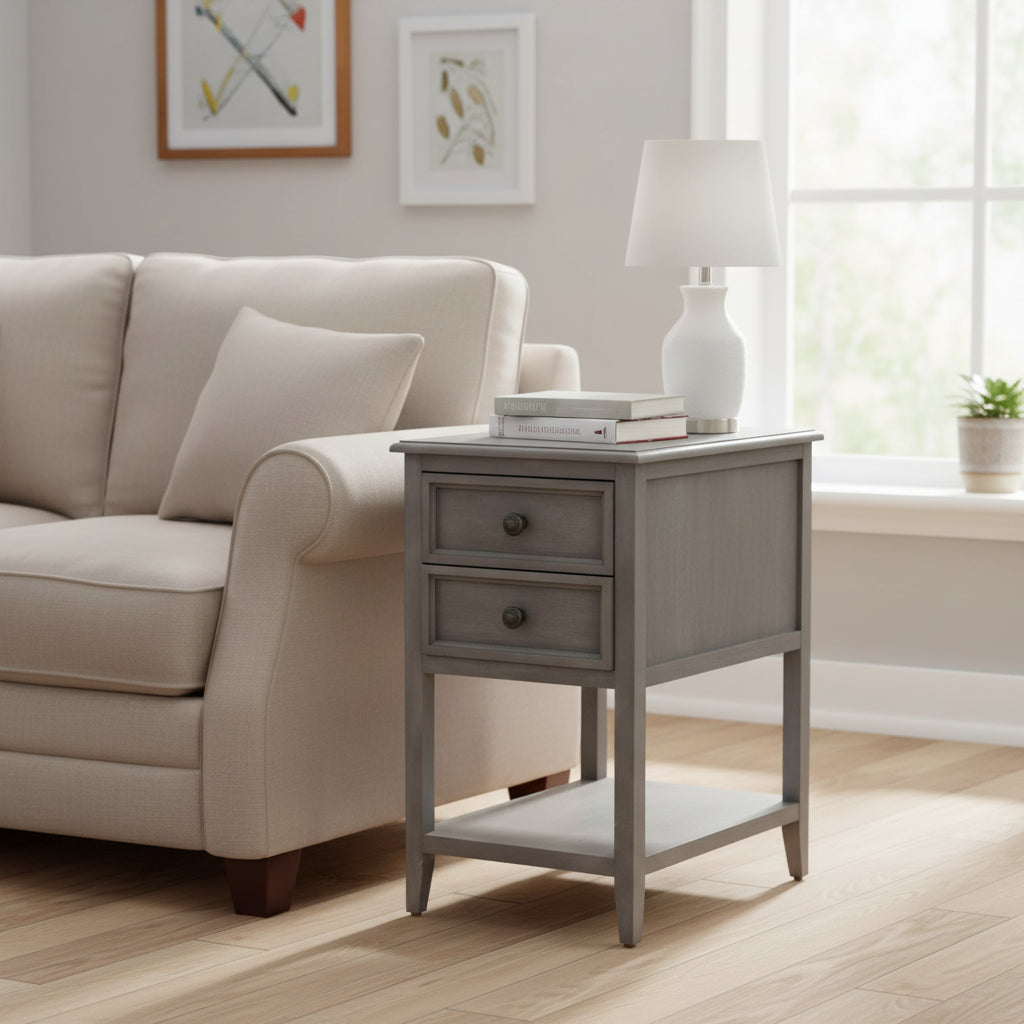 Vintage Gray Two Drawer Side Table