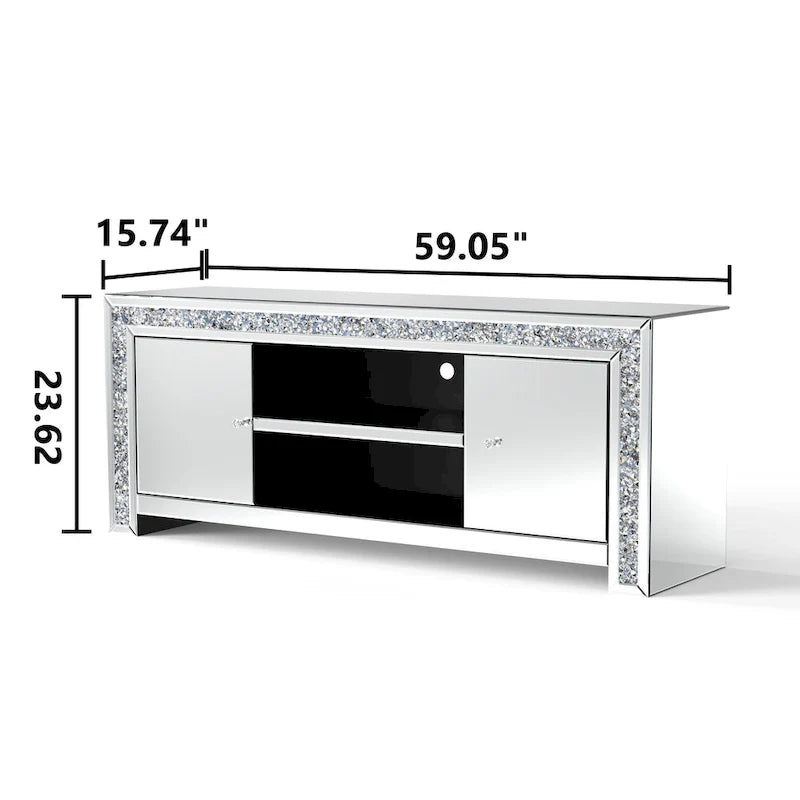 59 Mirrored TV Stand with Crushed Diamond Inlay and Storage Cabinets