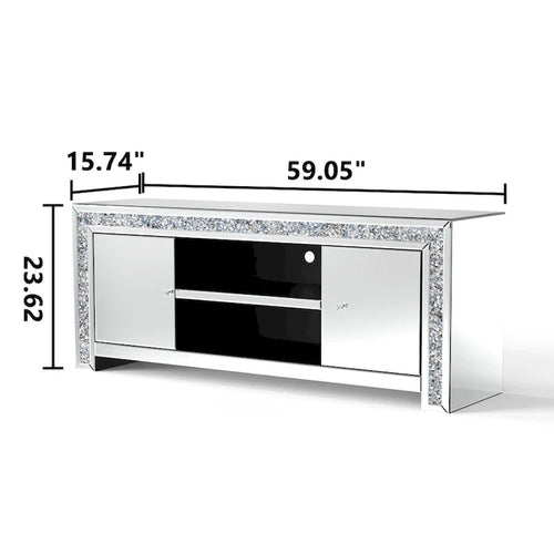 59 Mirrored TV Stand with Crushed Diamond Inlay and Storage Cabinets