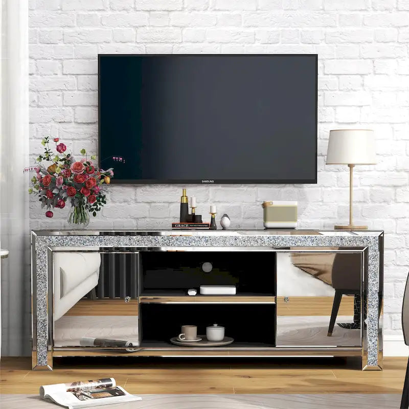59 Mirrored TV Stand with Crushed Diamond Inlay and Storage Cabinets