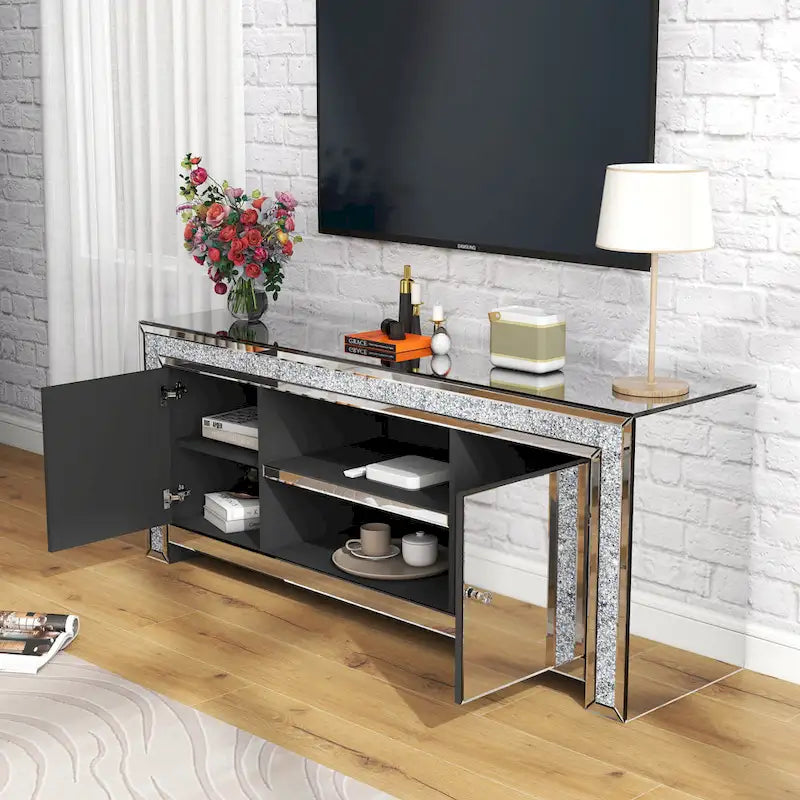 59 Mirrored TV Stand with Crushed Diamond Inlay and Storage Cabinets
